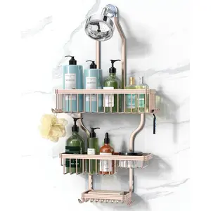 Shower Storage Rack - Rust-Free Shower Organizer - Aluminum Over-the-Shower Head Storage Rack with 10 Hooks for Razors/Sponges - Shower Rack with Soap Basket - Rose Gold