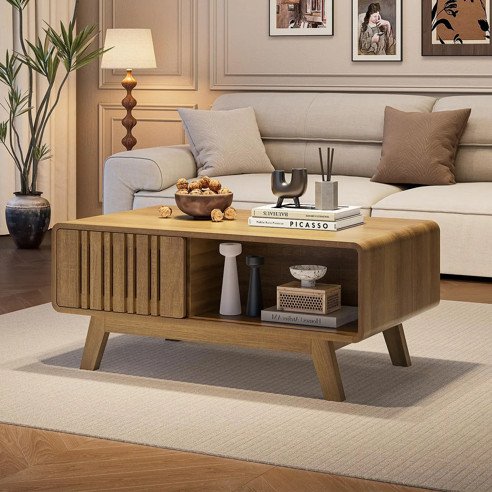 【SummerFinds】ONBRILL Coffee Table, Mid Century Modern Table with Storage Compartment, Fluted Table with Sliding Cabinet Door, Farmhouse Wood Coffee Table for Living Room