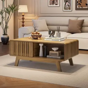 ONBRILL Coffee Table, Mid Century Modern Table with Storage Compartment, Fluted Table with Sliding Cabinet Door, Farmhouse Wood Coffee Table for Living Room