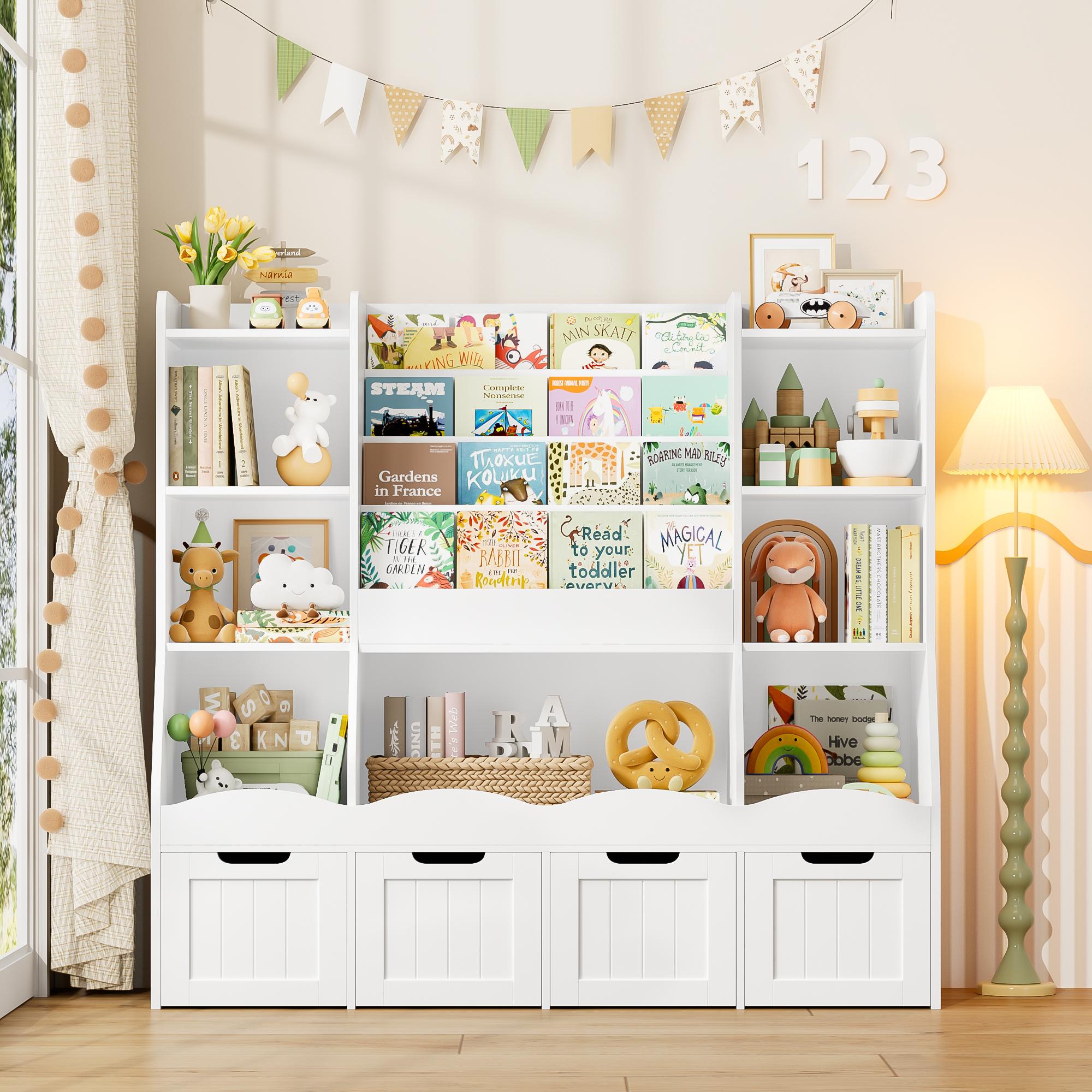 FOTOSOK Storage Organizer,  Bookshelf Book Shelf for Room with 4 Movable Drawers and 7 Storage Cubbies