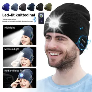 Beanie Bluetooth Hat with Light, Wireless Headphones, USB Rechargeable Headlamp Winter Knitted Cap Gifts for Men & Women, Casual Knit Hat for Fall & Winter, Fashion Accessories for Cold Weather, Fall Outfits, Black,  Christmas Gift