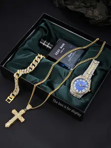 Men's Elegant Fashion Watch & Jewelry Set, Including Wristwatch & Pendant Necklace & Bracelet, Trendy All-match & Exquisite Watch Set for Birthday Gift