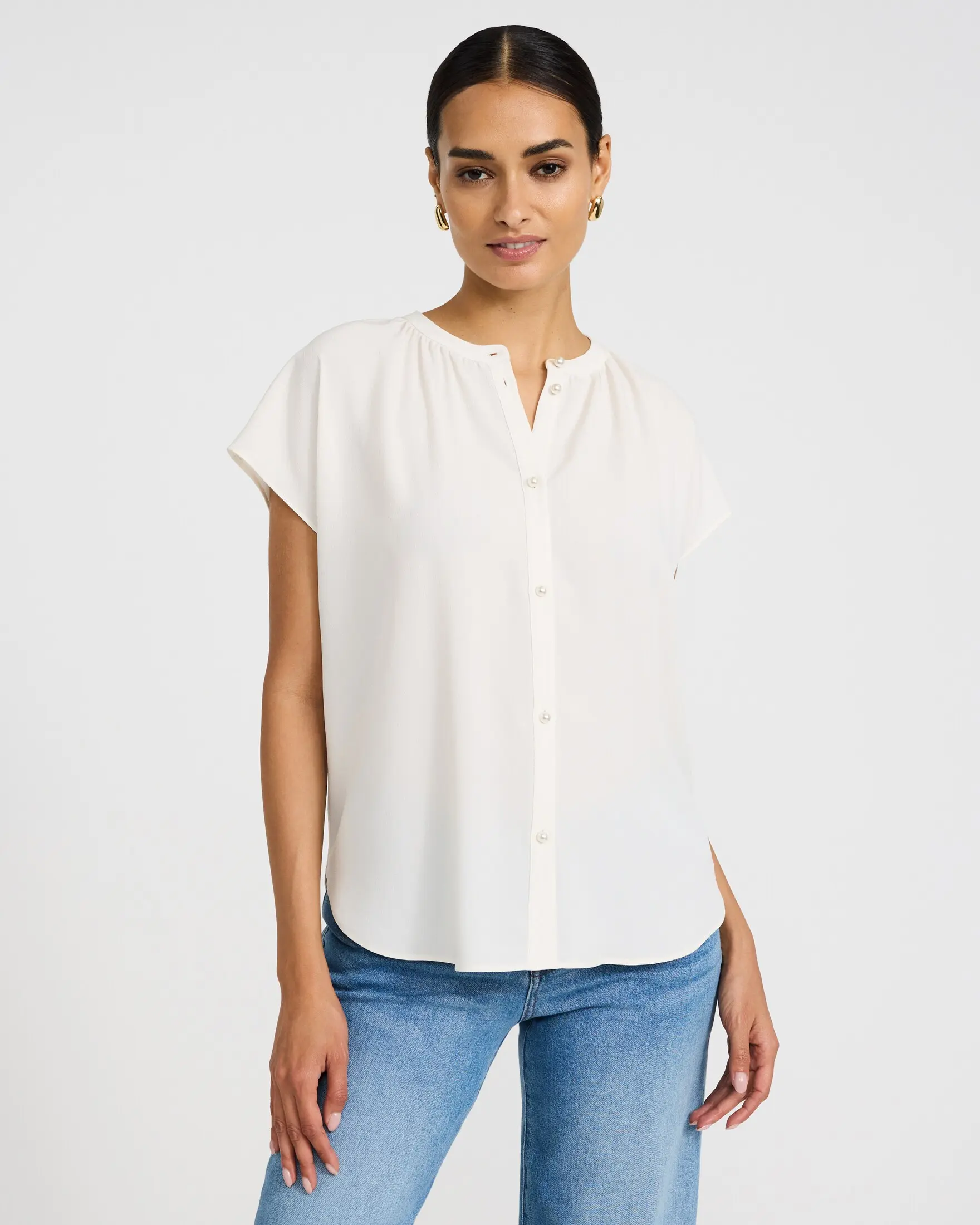 Express Women's Polyester Crew Neck Blouse - Ruched Shortsleeve, Pearl Buttons, Casual Wear, OOTD Ideas, Office OOTD, Dress Casual Top, Ready To Wear, Chic Look, Button Detail Blouses & Shirts, Ruched Detail, Business Casual Blouses & Shirts