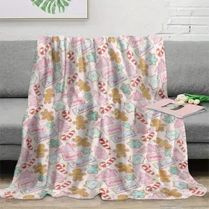 1pc Christmas Blanket - Soft Plush Flannel with Festive Gingerbread, Candy Canes & Snowflakes Design, Pink & Pastel Colors, All-Season Multi-Use for Sofa, Bed, Office, Camping, Travel - Cozy Gift Idea, Christmas Throw Blanket