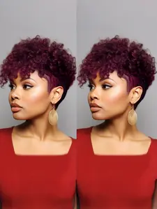 8 Inches Human Hair Wig Burgundy 4# Curly Pixie Cut with Layers, 180% Density Short Hair Wigs for Women, Casual Style