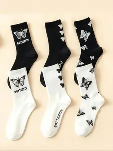 6 Pairs Women's Crew Socks, Casual Butterfly Pattern, Soft & Comfortable, Fall Winter Wear, Versatile Everyday Socks
