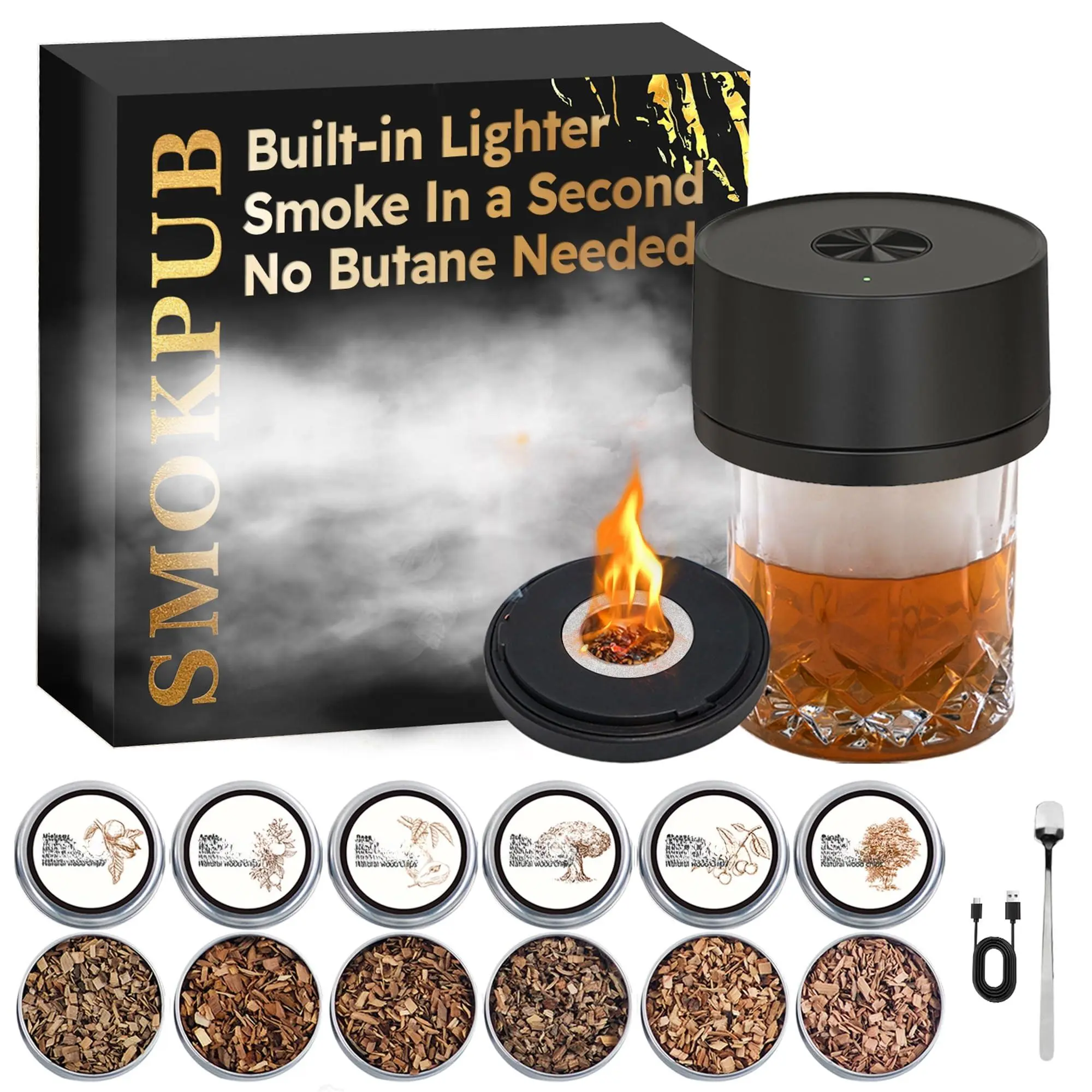 Electric Kit Built-in  No Needed Rechargeable Cocktail With 6 Wood Chips Old Fashioned Drink Gifts For Men Dad Husband
