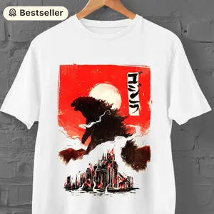 Retro Vintage Godzilla Kaiju Graphic Tee Rising Sun Design Classic Japanese Monster Style Unisex Crew Neck Short Sleeve Casual Streetwear Comfort Fit Trendy Daily Wear Fashion Top for Monster Fans Adult Youth Apparel