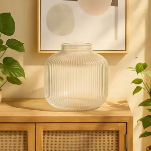 Clear Glass Short Round Ribbed Decorative Vase