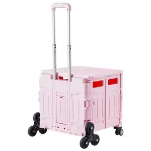 VEVOR Foldable Utility Cart, 65L Collapsible Portable Crate Rolling Cart with Stair Climbing Wheels 360 Swivel Wheels, Hand Cart with Telescoping Handle for Shopping Office Moving Teacher, Pink