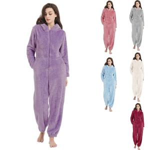 Women's Onesies Pajamas Sherpa Fleece One Piece Romper Zipper Cute Hooded Jumpsuit Soft Fuzzy Warm Winter Loungewear Costume