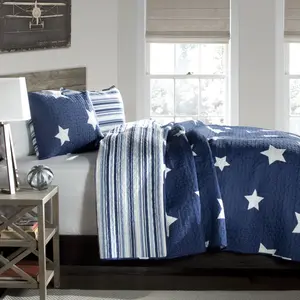 Lush Decor Star 3 Piece Quilt Set Twin/Full/Queen - Navy/Gray Bedding with Stars, Stripe, and Pillowcases