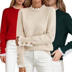 YESY Women's 2026 New Knit Babydoll Sweater - Long Sleeves, Lace Trim, Loose Cardigan Knitwear, Breathable, Comfortable, Chic, Stretchy, Minimalist Basic with Great Fit for Fall & Winter Casual Wear