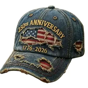 250th  Hat, Embroidered Baseball Cap, Amazon Cowboy Ripped Distressed Duckbill Cap flag usa anniversary authentic hard vintage woman Distressed Denim Baseball Cap for Men American Flag Embroidery Vintage Washed Relaxed Fit Daily Casual Outdoor