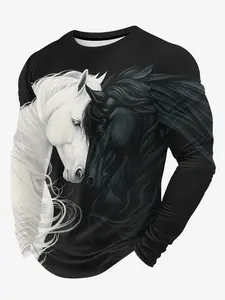 Men's Comfortable Casual Sporty Streetwear 3D Horse Print Round Neck Long Sleeve T-Shirt, Fitted Style, Spring & Fall