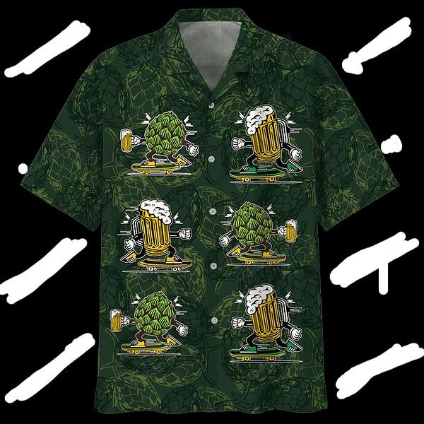 Beer Hawaiian Shirt Hops And Beer Cups Dark Green Aloha Shirt Beer Hawaiian Shirt | Cool Summer Anime Vibes for Men & Fans