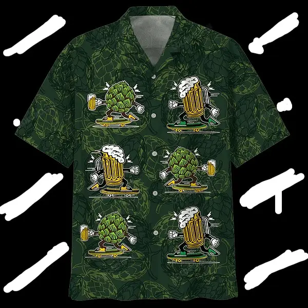 Beer Hawaiian Shirt Hops And Beer Cups Dark Green Aloha Shirt Beer Hawaiian Shirt | Cool Summer Anime Vibes for Men & Fans