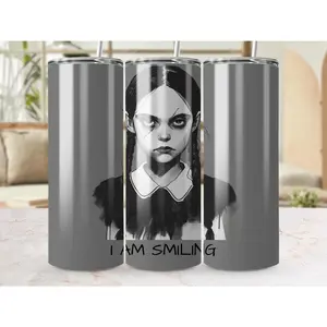 Wednesday Addams Family Tumbler, Black and White Tumbler Design, I Am Smiling Tumbler, 20 oz Tumbler Wrap With Straw
