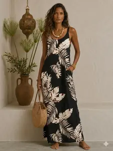 The Mykonos Palm Leaf Casual Linen All-Over Print Jumpsuit | Anatolia Threads