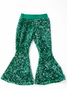 Solid Green sequin Print Bell bottoms Girls pants
