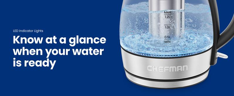 Chefman Rapid Boil 1.2L Electric Tea Kettle with Tea Infuser and Removable Lid - Stainless Steel