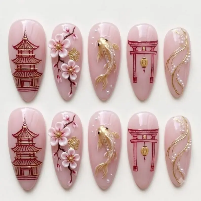 Japanese Style Press On Nails 3D Cherry Blossom Koi Fish Red Pagoda