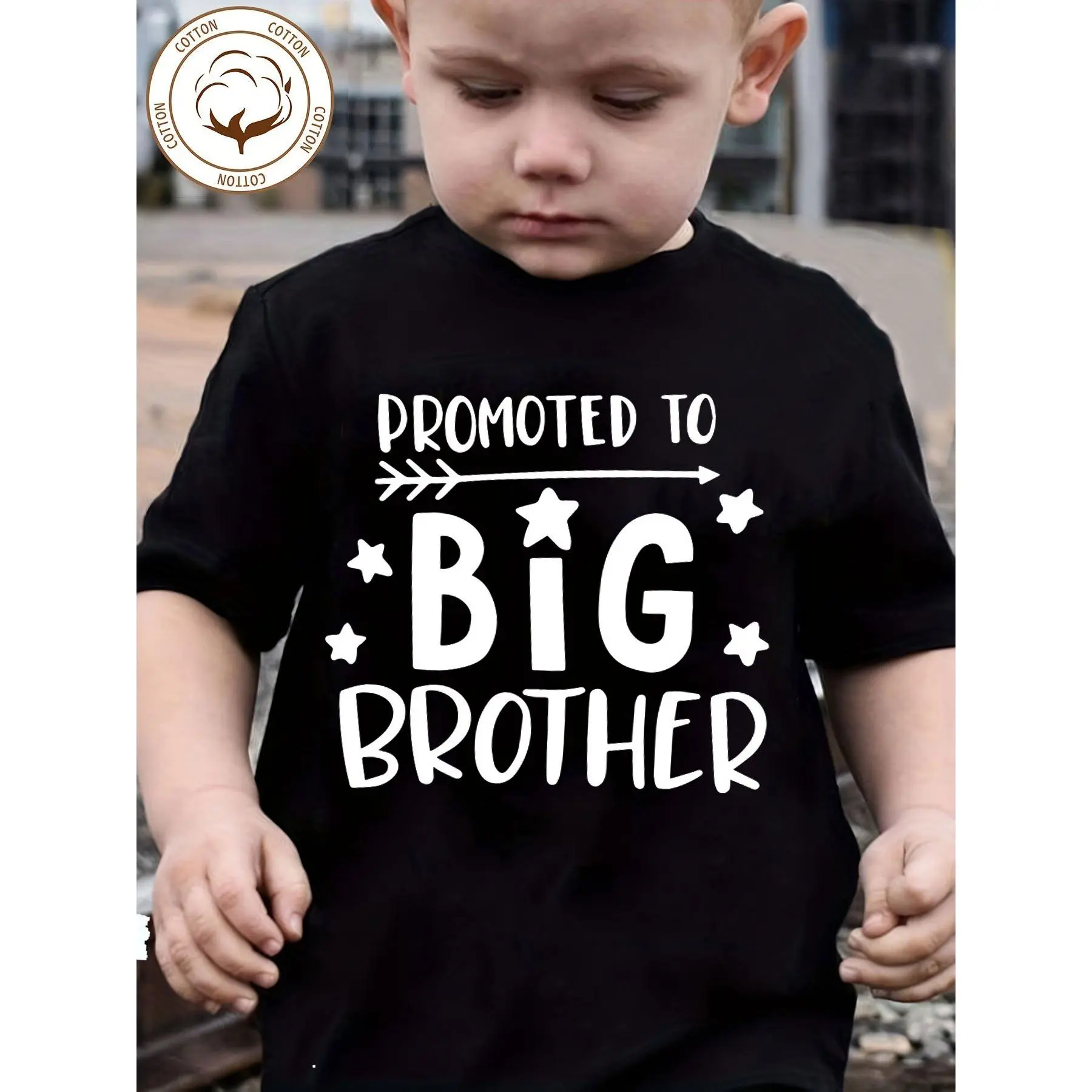 Boys' Cotton Funny Print Shirts - "Promoted to Big Brother" Graphic, Comfortable Casual Round Neck Short Sleeves
