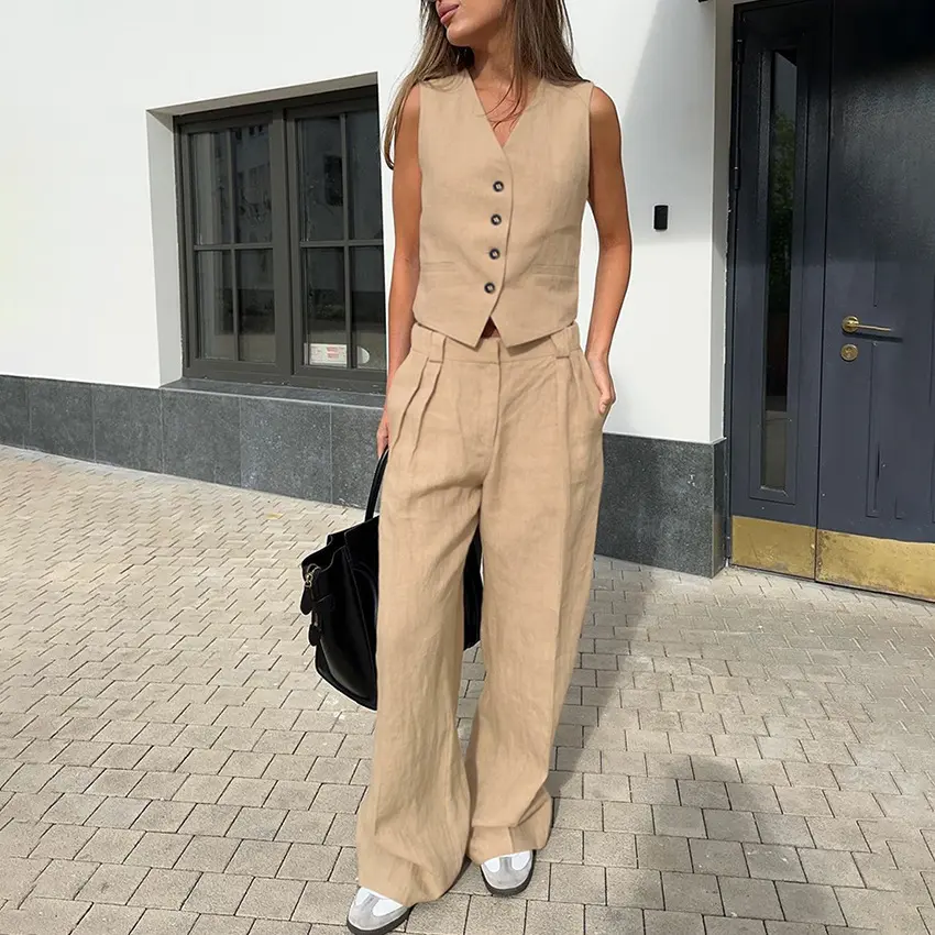 Women's Summer 2 Piece Outfits Sleeveless Matching Sets Button Down V Neck Vest Waistcoat and Pockets