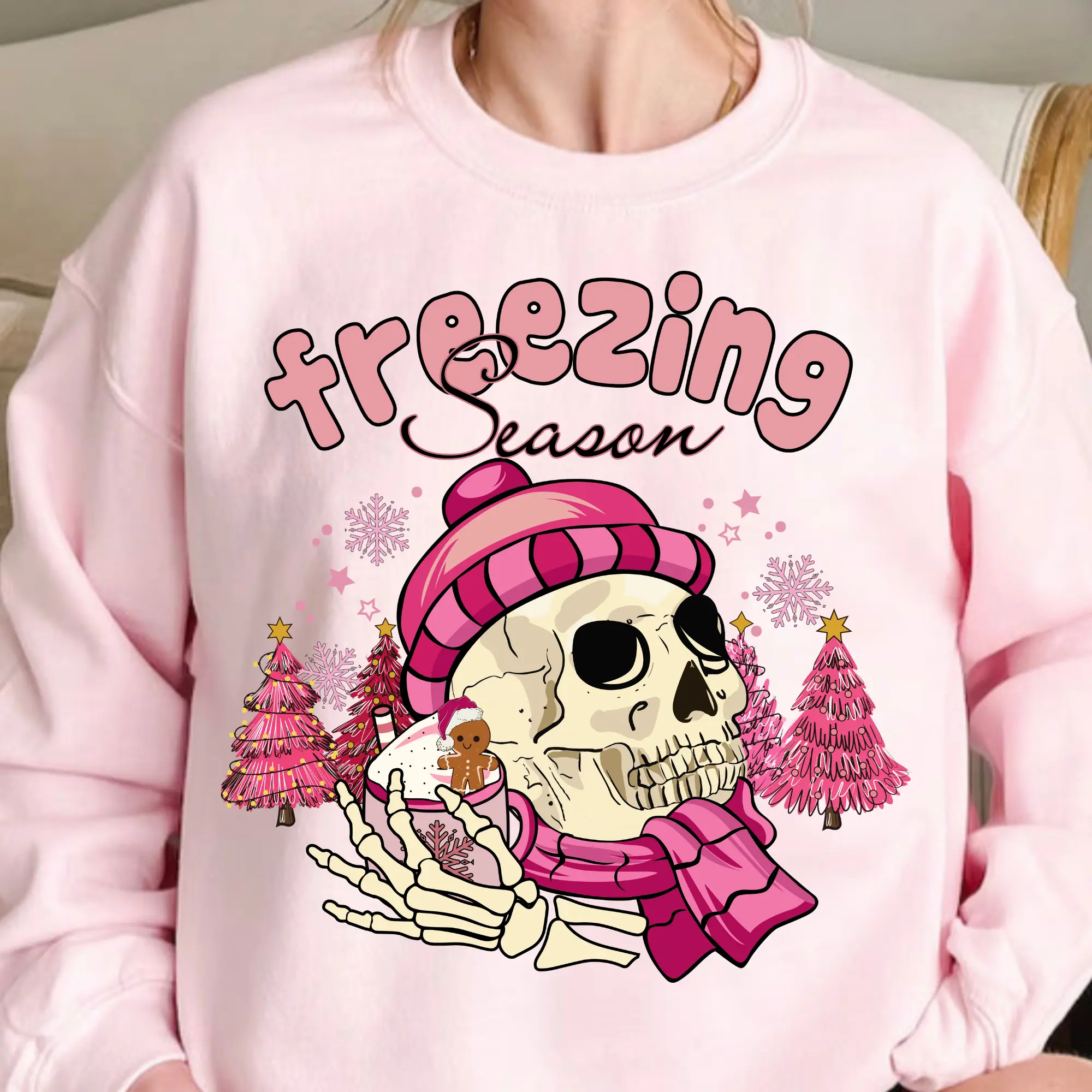 Pink Freezing Season Funny Skeleton Christmas Sweater Winter Adult Crewneck Sweatshirt Unisex XS-5XL
