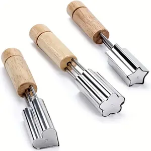 3-Piece Vegetable & Fruit Cutter Set, Stainless Steel Biscuit Stamps with Wood Handle, Flower, Heart, Star Designs, Kitchen Accessories, Baking Tools, Wooden, Bakeware, Baking Utensils Supplies