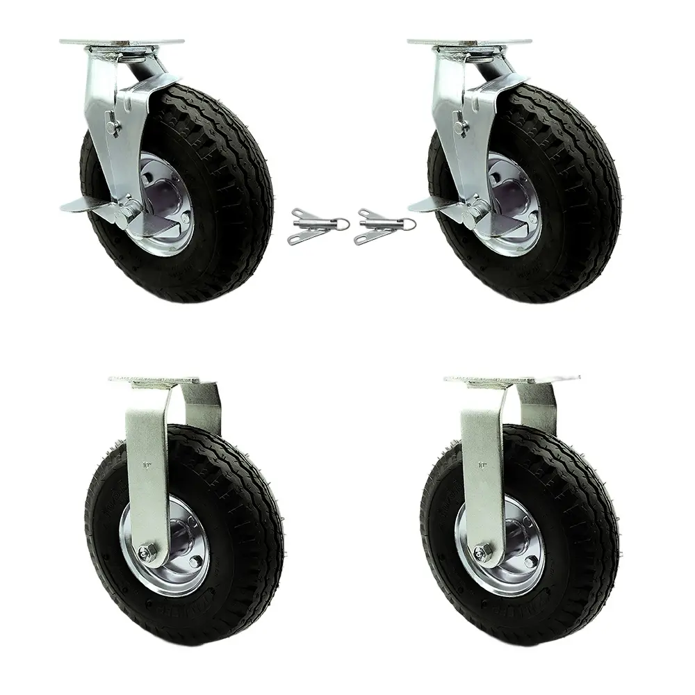 212 MAIN SCC-100S3504-PNB-TLB-BSL-2-R-2 10 in. Lockable Swivel Pneumatic Rubber Wheel Casters, Black - Set of 4, Lockable Wheels, Swivel Wheels