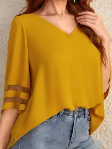Women's Casual Loose Heart Neck Pullover Shirt Blouse Style, Daily Commute Mesh Patchwork Seven-Quarter Sleeve Top, Spring & Fall Fashion