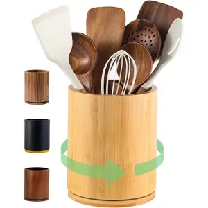 Wooden Utensil Holder, 360?Rotating 7.3'' Large Utensil Holder for Kitchen Counter, Kitchen Utensil Organizer, Utensil Crock, Farmhouse Kitchens Countertop Decor,