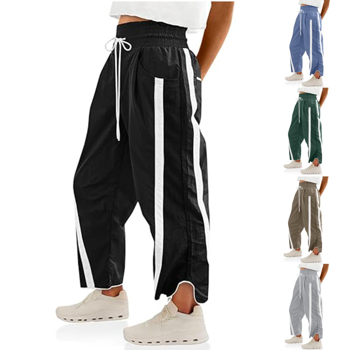 SCUSTY Women's Baggy Wide Leg Pants Casual Drawstring Elastic Waisted Contrast Color Workout Y2K Track Pants High Waist Lightweight Polyamide Fabric