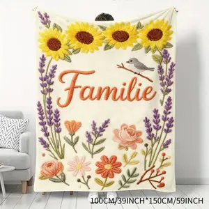 1PC Exquisite Embroidery Sunflower Lavender Floral Pattern Warm Family Blanket, Featuring Beautiful Sunflowers, Lavenders, Flowers and a Little Bird, Perfect for Adding Warmth and Charm to Your Home
