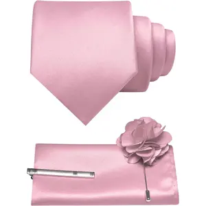 Solid Color Tie and Pocket Square Hankerchief with Lapel Pin Set for Men