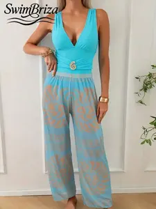 Briza｜Women's Lake Blue Diffusion Print Two-Piece Swimsuit Set: Sleeveless Deep V One-Piece Swimsuit With Mesh Wide-Leg Pants Set.