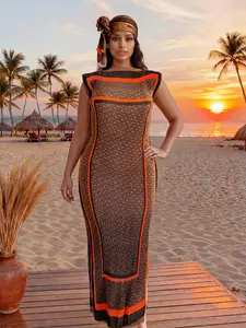 Women's Elegant All-Over Printed Long Dress Set, Slim Fit Moo Moo Robe & Scarf, Beach Sun Protection Shawl for All Seasons, Beach Cover Up, Swimsuit Cover Ups, Swimwear Coverups, Beach Outdoor Wear, Bathing Suit Cover