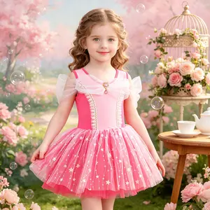 Girls Pink Star Ballet Leotard Tutu Dress | Off-Shoulder Tulle Sleeve Dancewear for Costume Play,Toddler Recital & Birthday Party