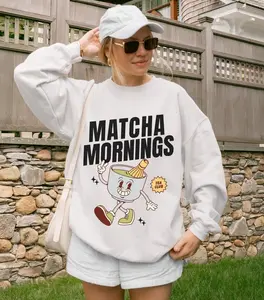 [Sale off up to 50%] Matcha Mornings Sweatshirt Tea Club Graphic Sweater Cozy Loungewear Matcha Mascot Crewneck Kawaii Trending Tea Lover Gift Japanese Aesthetic