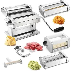 Pasta Maker Deluxe Set Stainless Steel Machine w 3 Interchangeable Attachments Make 5 Different Pastas Spaghetti Fettuccini Angel Hair Ravioli Lasagnette Durable Cutters for Adjustable Thicknesses