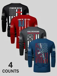 Men's American Patriotic Round Neck Long Sleeve T-Shirt, Flag Series Print Design, Casual Graphic Design, Multi-Color Options, Casual Fitted Style, All Seasons