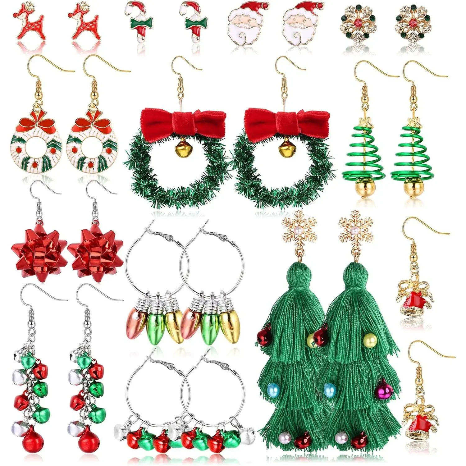 ZELORES Women's 13-Pair Christmas Costume Earrings Set - Festive Motifs: Santa, Snowflake Studs, Christmas Tree, Bells, Light Bulbs, Bow Drop Earrings, Casual Holiday Jewelry for Festive Occasions, 13 Pairs, Female
