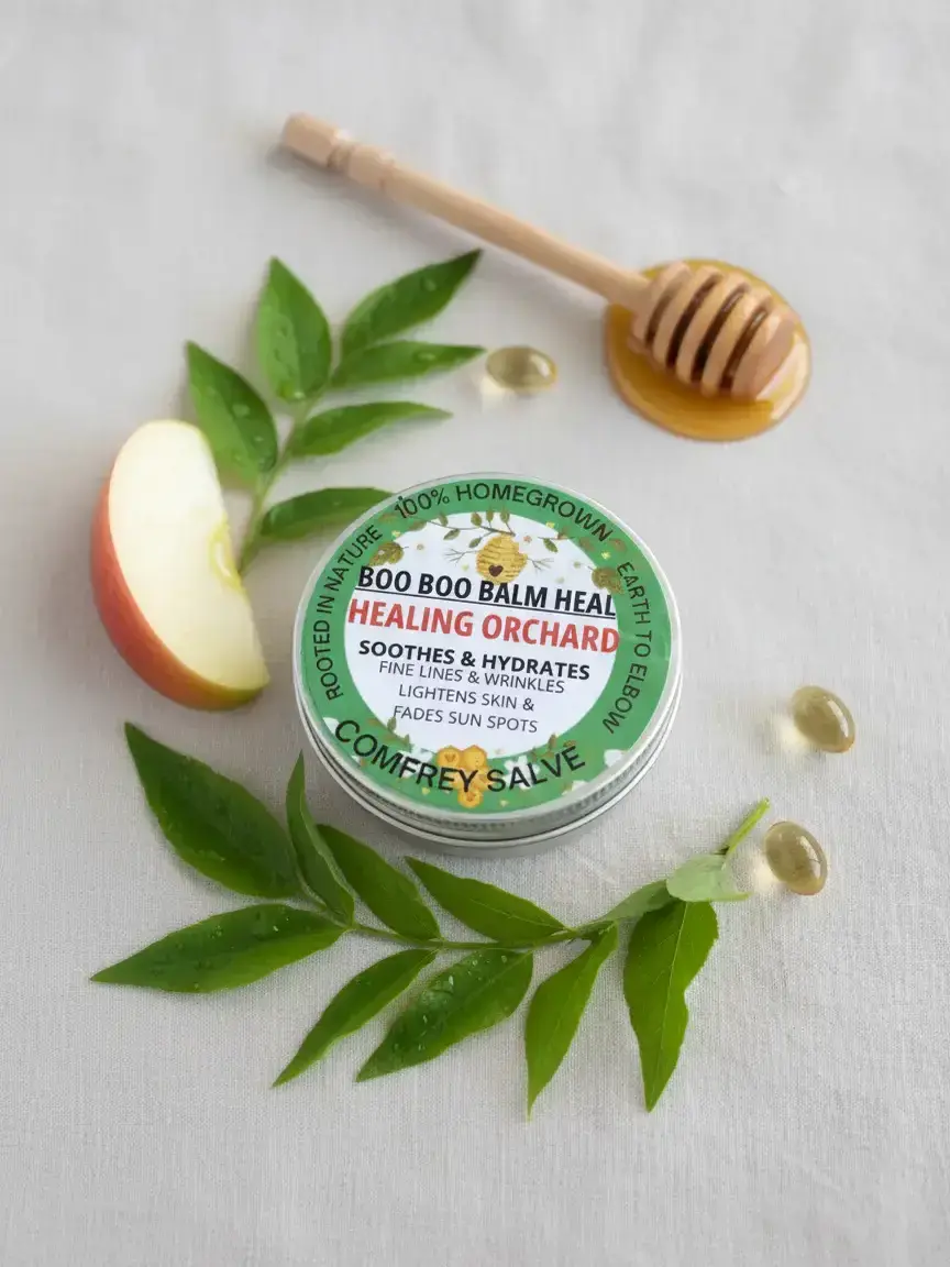 BOO BOO BALM HEAL Orchard 100%  Homegrown Comfrey Salve with Macintosh Apple Essential Oil - Body Care Moisturizer for 12 Months of Mild, Smooth Skin Repair - Healthcare, Therapeutic Product, Body Moisturizer, Gentle Soothing Organic Calming Lotion Moistu