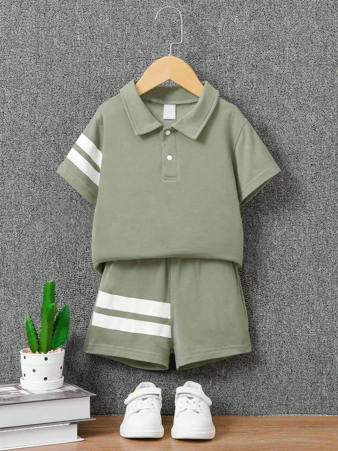 Two-Piece Set Toddler Boy's Striped Print Short Sleeve Polo Shirt & Elastic Waist Shorts, Casual Fashion Cozy Breathable for Daily Outdoor Wear, Kids