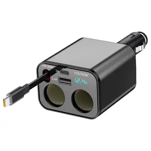 Retractable USB C Car Charger,Portable 147W Super Fast Charger, Led Display Car Cigarette Lighter Splitter with 2 USB Ports for iPhone 16/15, Galaxy