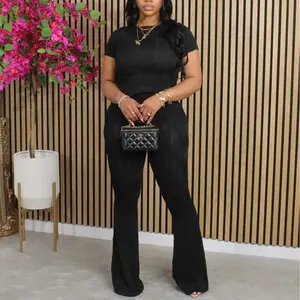 Two Piece Outfits for Women Summer - Orange Short Sleeve Top & Flared Bodycon Pants Set Casual Tracksuits for Party Clubwear Size Medium - Fabric Women's Solid Pleated Slim Fit Stretchy Comfortable