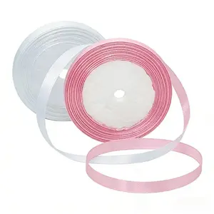 2-Roll Set White & Pink Satin Ribbon - 45.4 Meters Total 0.39 inch Wide Premium Fabric Ribbon for Elegant Gift Wrapping & Luxury Packaging, Wedding Decor & Event Styling, Festive Christmas & Holiday Projects, Floral Bouquet Design & Arrangements