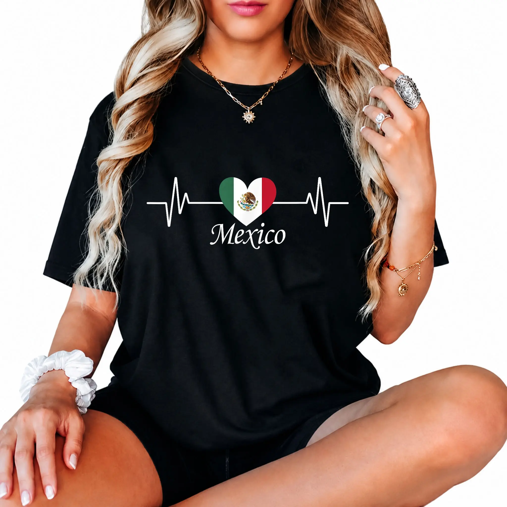 100% Cotton Hispanic Heritage Mexico Flag Heartbeat Mexican Men Women T-Shirt