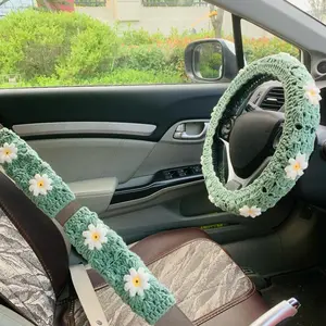 Crochet Car Steering Wheel Cover & Seat Belt Cover Set, Girly Car Interior Sets, Car Interior Decoration Set for Women & Girls, Girly Car Accessories